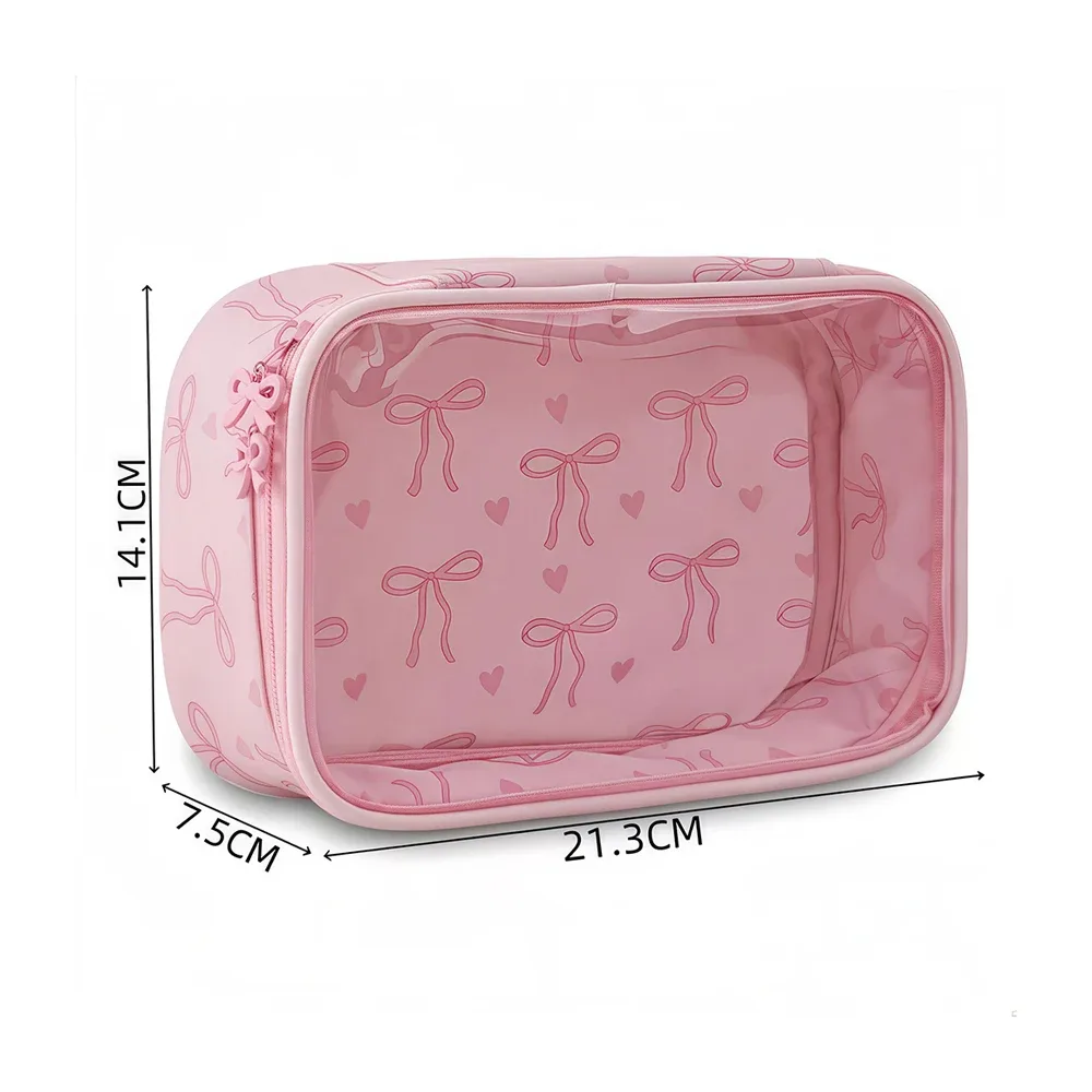 pochette de toilette transparente en pvc avec imprimé nœud, grande capacité, étanche, portable, pour voyage, organiseur de maquillage mignon pour femmes