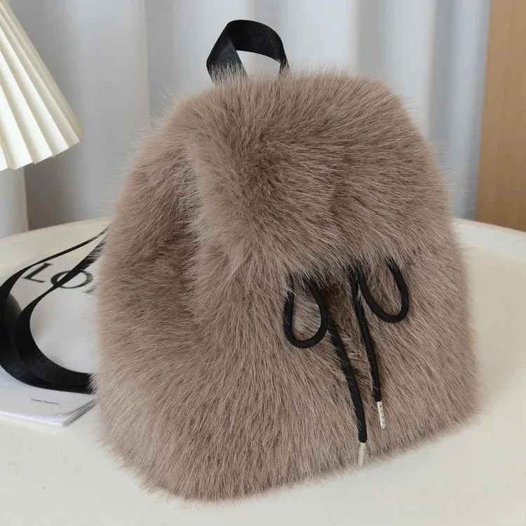 y2k sac à dos en peluche femmes petit mignon cordon léopard moelleux sac solide doux polaire sac à dos hiver chaud fausse fourrure mini sac à dos