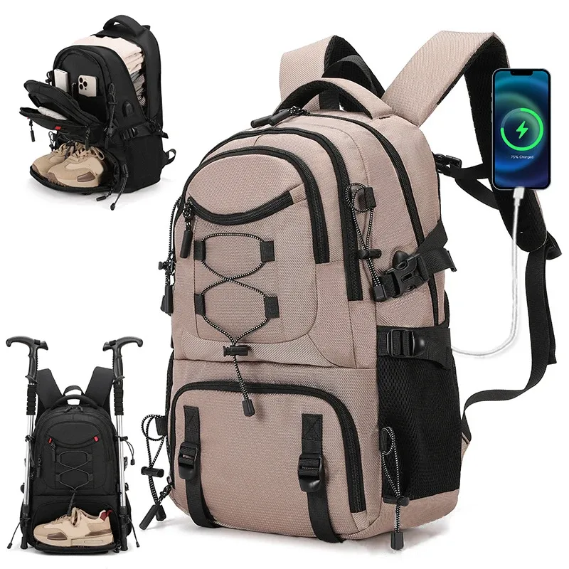 sac à dos d'escalade usb pour ordinateur portable, sac à dos léger avec sac à chaussures, sac à dos de camping en plein air, sac à dos de randonnée, cartable de sport et de gym