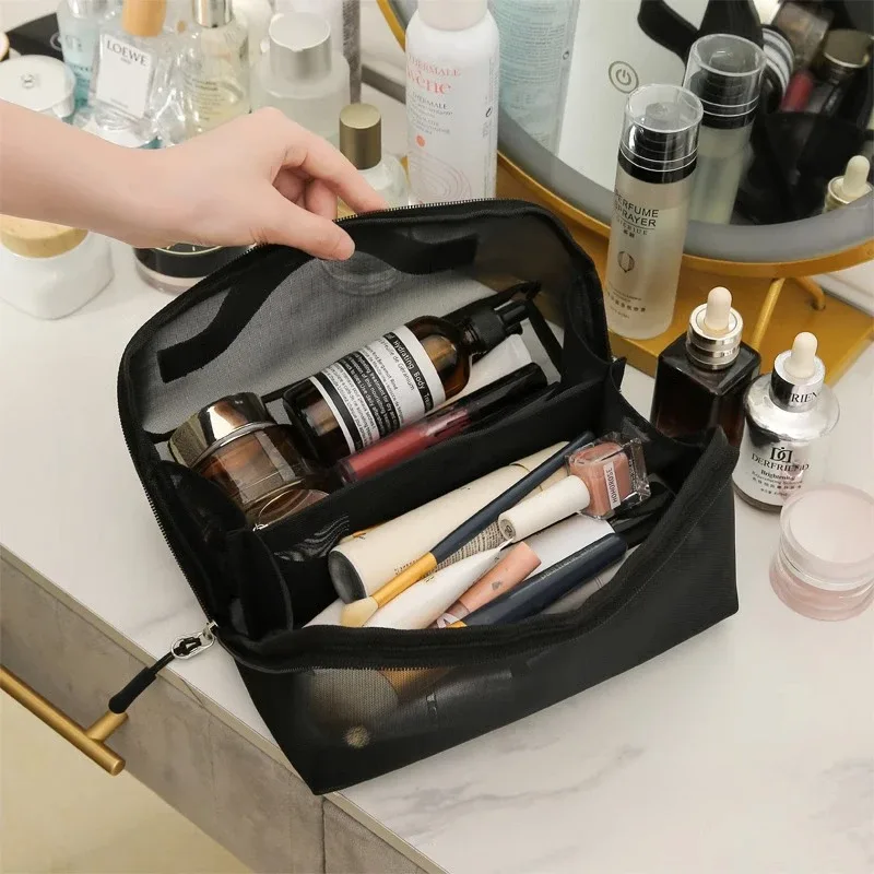 sacs à cosmétiques transparents en maille, petite et grande trousse de maquillage noire, trousse de toilette de voyage portable, étui de rangement pour rouge à lèvres, poudres