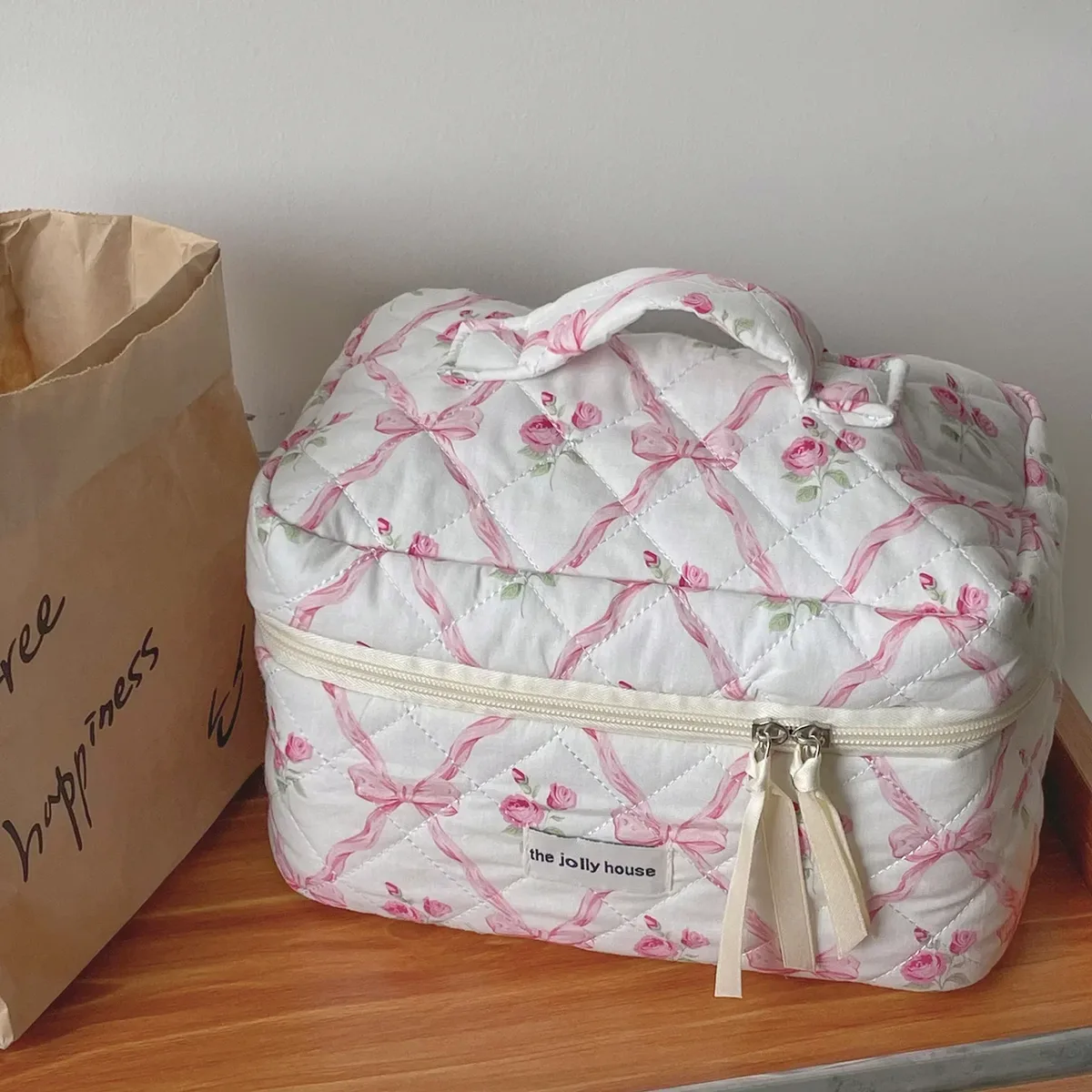 trousse de toilette portable avec fermeture éclair pour femme, trousse de maquillage, sac à main, courtepointe, coton, mignon, nœud, fleur, femme, évaluation, gril, cosmétique, filles