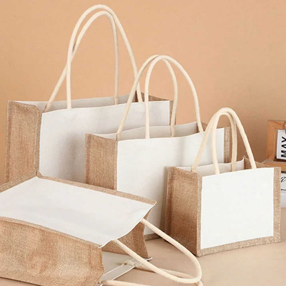 sac fourre-tout en toile de jute grande capacité pour femme, simple et décontracté, pour courses et voyages, réutilisable