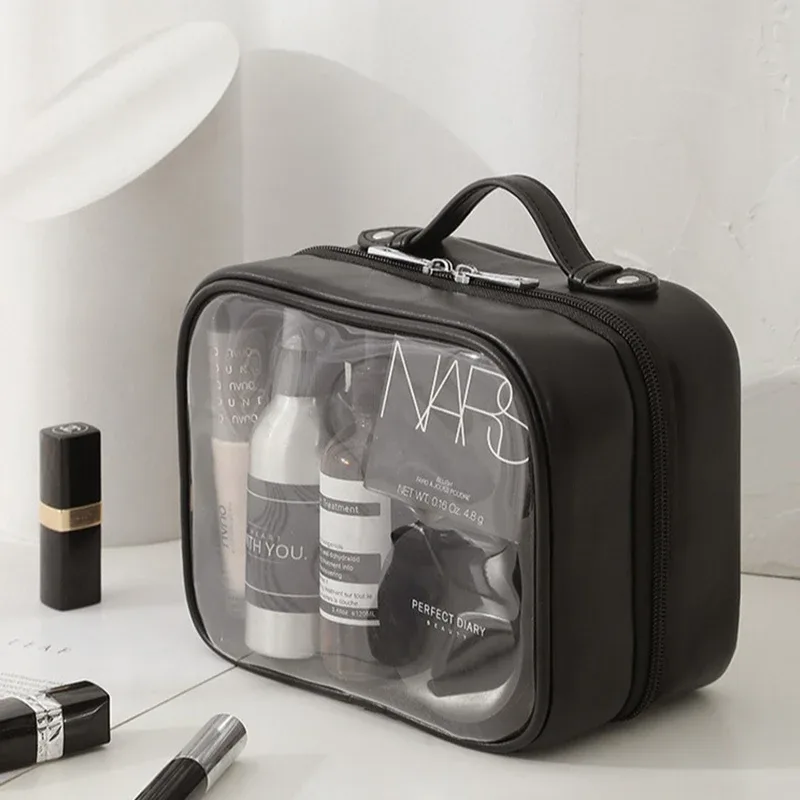trousse de maquillage transparente en pu imperméable pour femme, sacs de lavage, décontracté, portable, voyage, soins de la peau, stockage, évaluation, maquillage, trousse de toilette