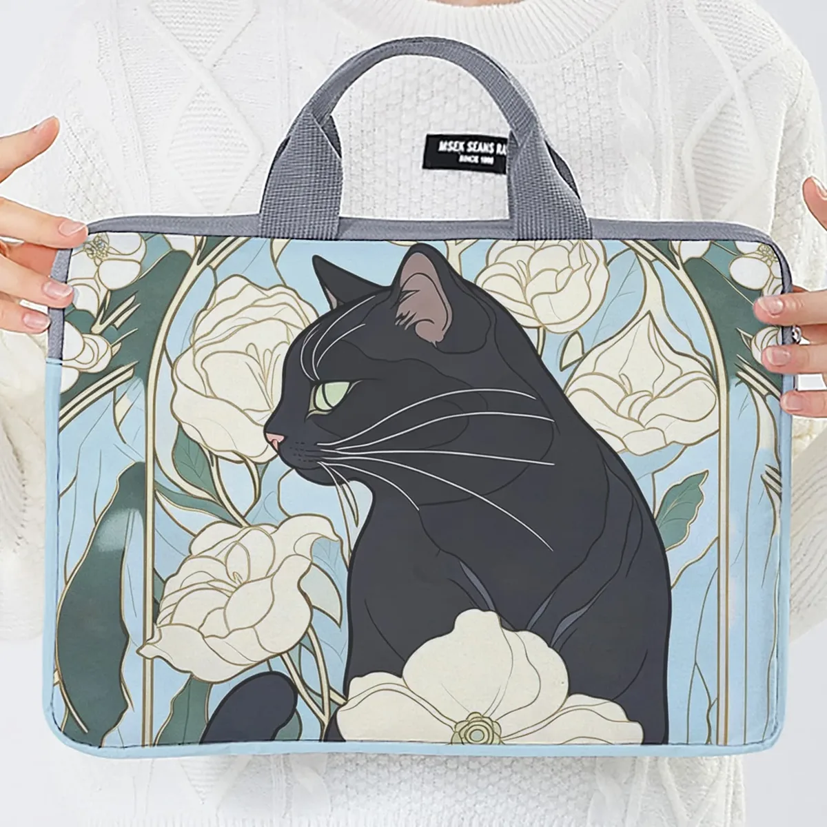 1 pièce, deux styles, sac pour ordinateur portable imprimé motif camélia et chat noir, housse souple en tissu pour ordinateur portable, convient aux ordinateurs portables de 14 pouces