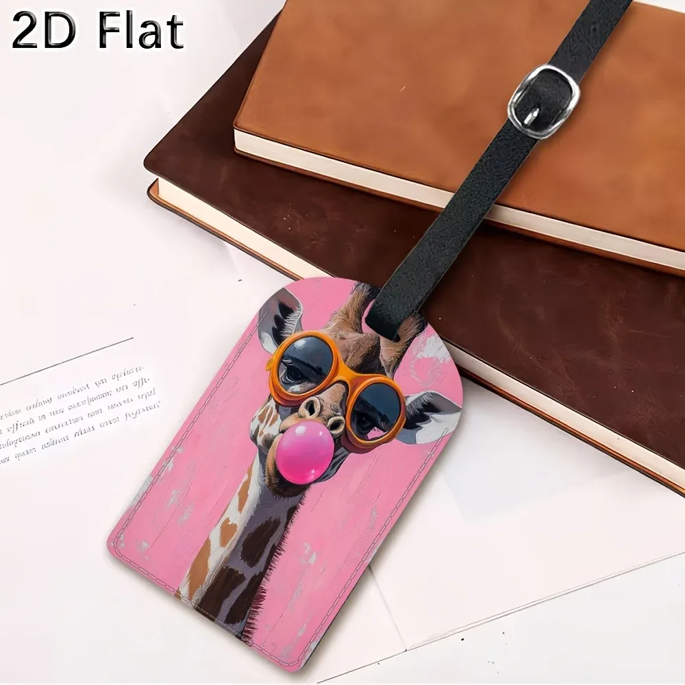 étiquette de bagage mignonne en forme de girafe avec lunettes et motif de chewing-gum, étiquette de valise pour le voyage