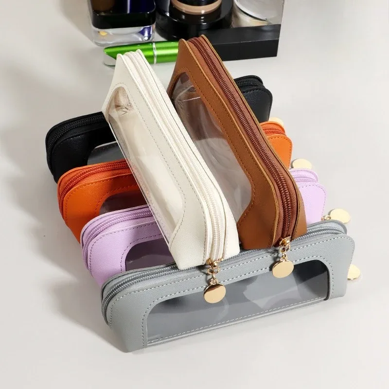 sac à cosmétiques transparent et étanche en pu, sac de rangement pour pinceaux de maquillage de voyage à fermeture éclair, pochette de rangement pour cosmétiques, trousse à crayons