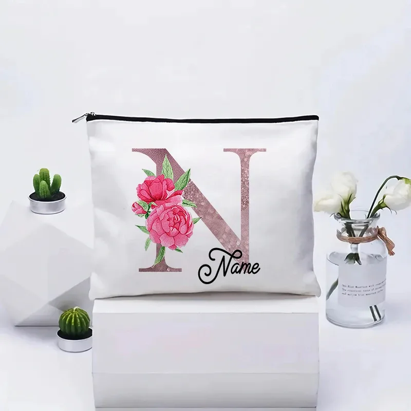 trousse de maquillage personnalisable avec prénom, cadeau de mariage, grande pochette en toile à fermeture éclair, motif floral pivoine, essentiels de voyage, maquillage