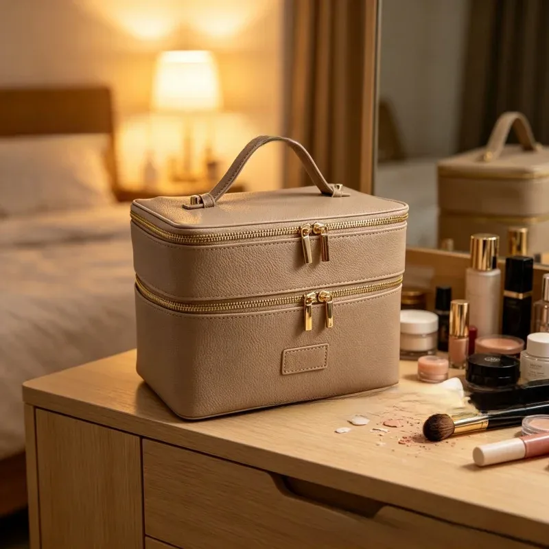 Sac à main en cuir, style trousse de toilette, imperméable, grande capacité, sac de voyage pratique, sac de rangement pour maquillage, double couche, voyage décontracté
