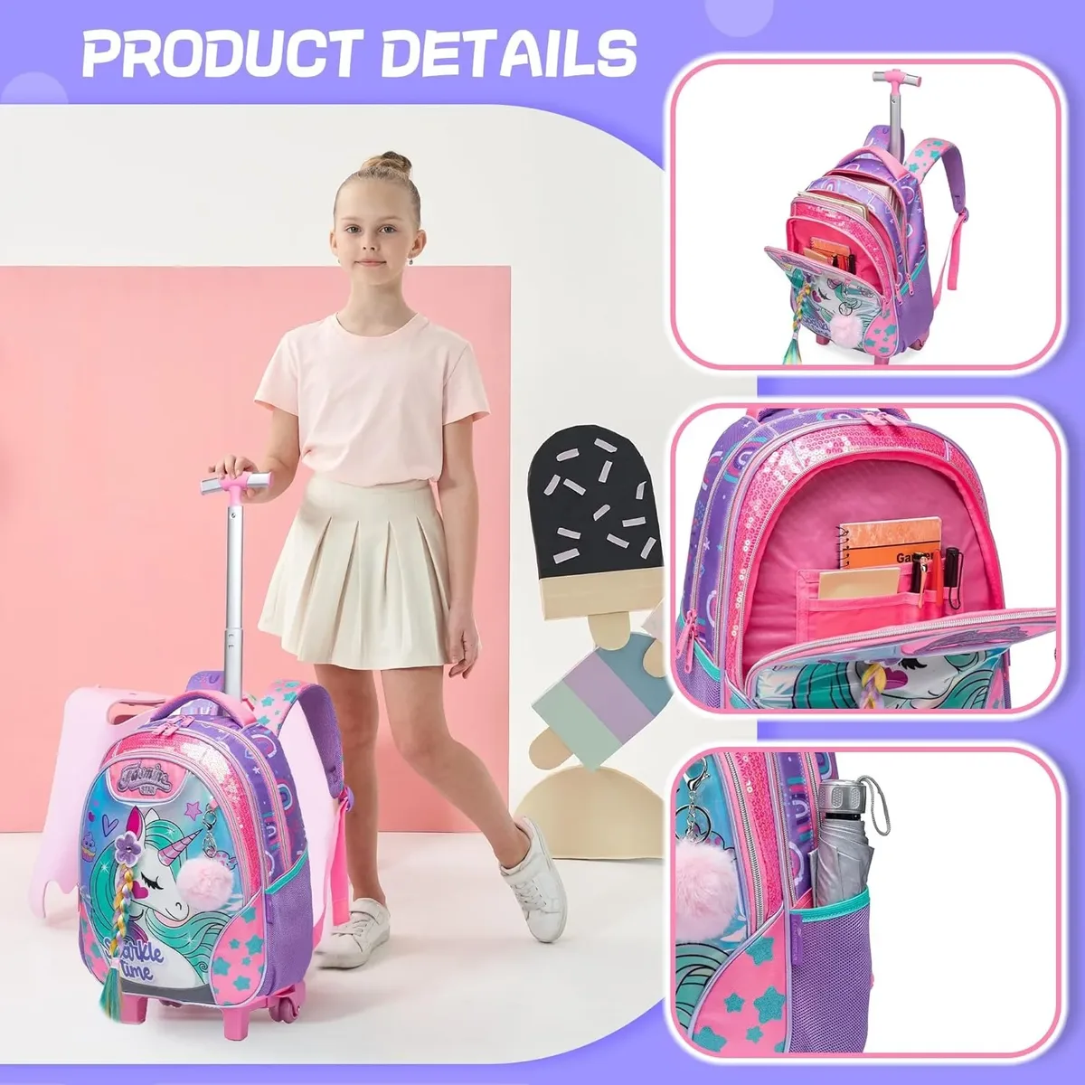 sac à dos à roulettes licorne pour filles et enfants, sac d'école à roulettes, bagage de voyage, cadeau mignon pour élèves du primaire, sac à roulettes