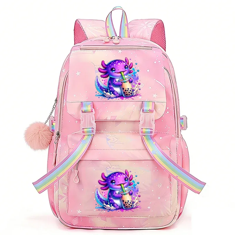 sac à dos imprimé rainbow axolotl boba, grand sac à dos léger, sac d'école mignon de dessin animé pour filles, sac à dos décontracté pour voyage et trajets quotidiens