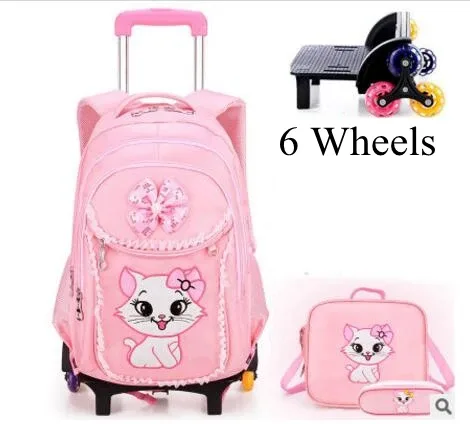 3 sacs à roulettes scolaires pour enfants, sacs à dos à roulettes pour filles, sacs à roulettes pour l'école, style chat, sacs à dos pour filles