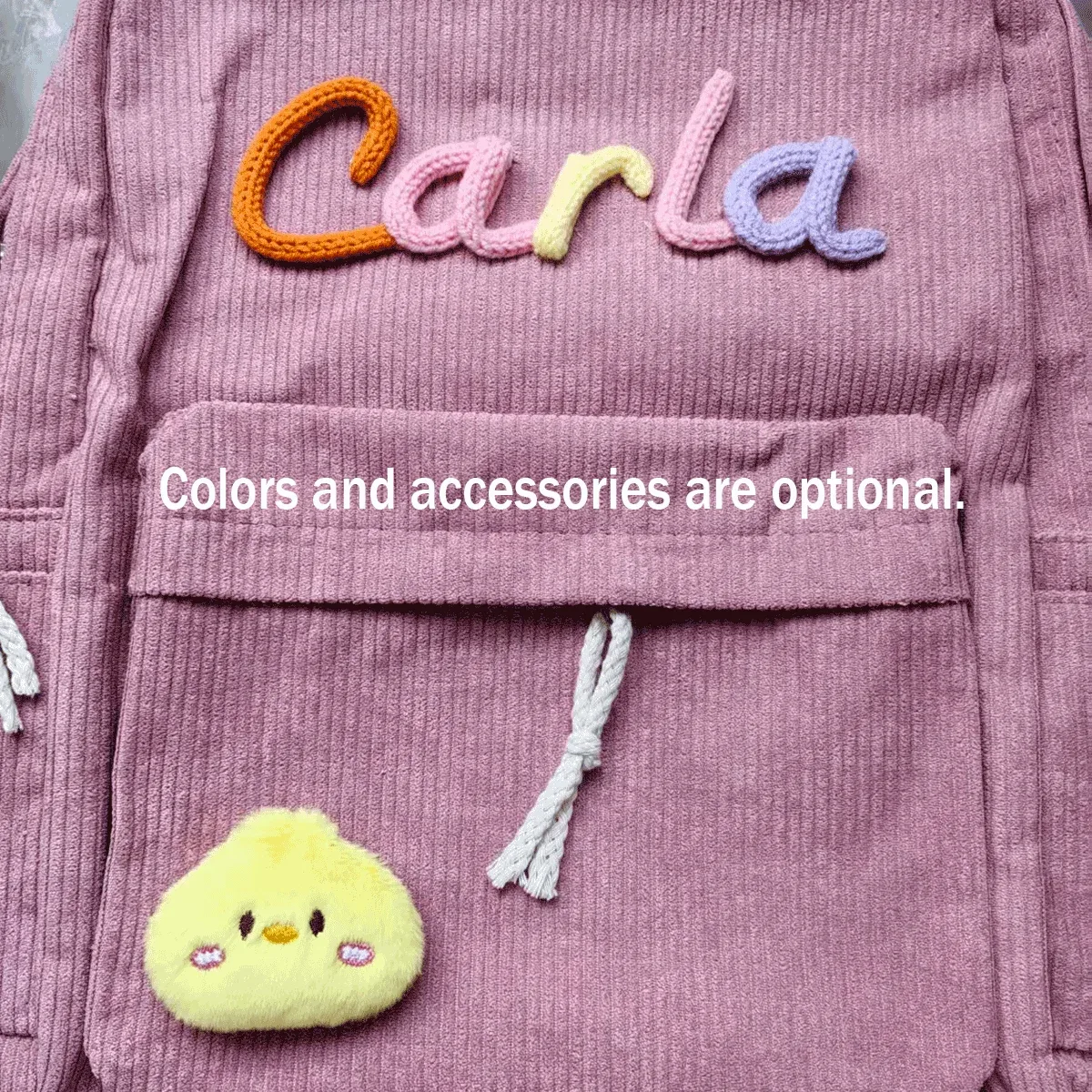 sac à dos unisexe personnalisé en velours côtelé — initiales brodées à la main, design coloré, choix de couleurs et d'accessoires