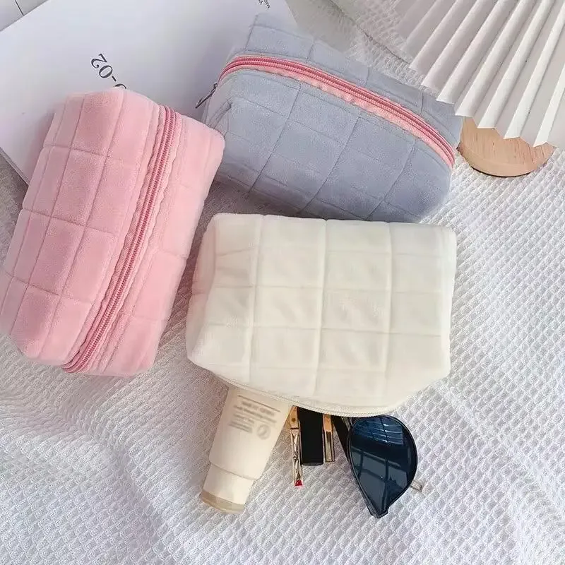 trousse de rangement cosmétique en fourrure unie, grande, pour femme, avec fermeture éclair, organisateur de maquillage, sac à main, trousse à crayons, trousse de toilette de voyage