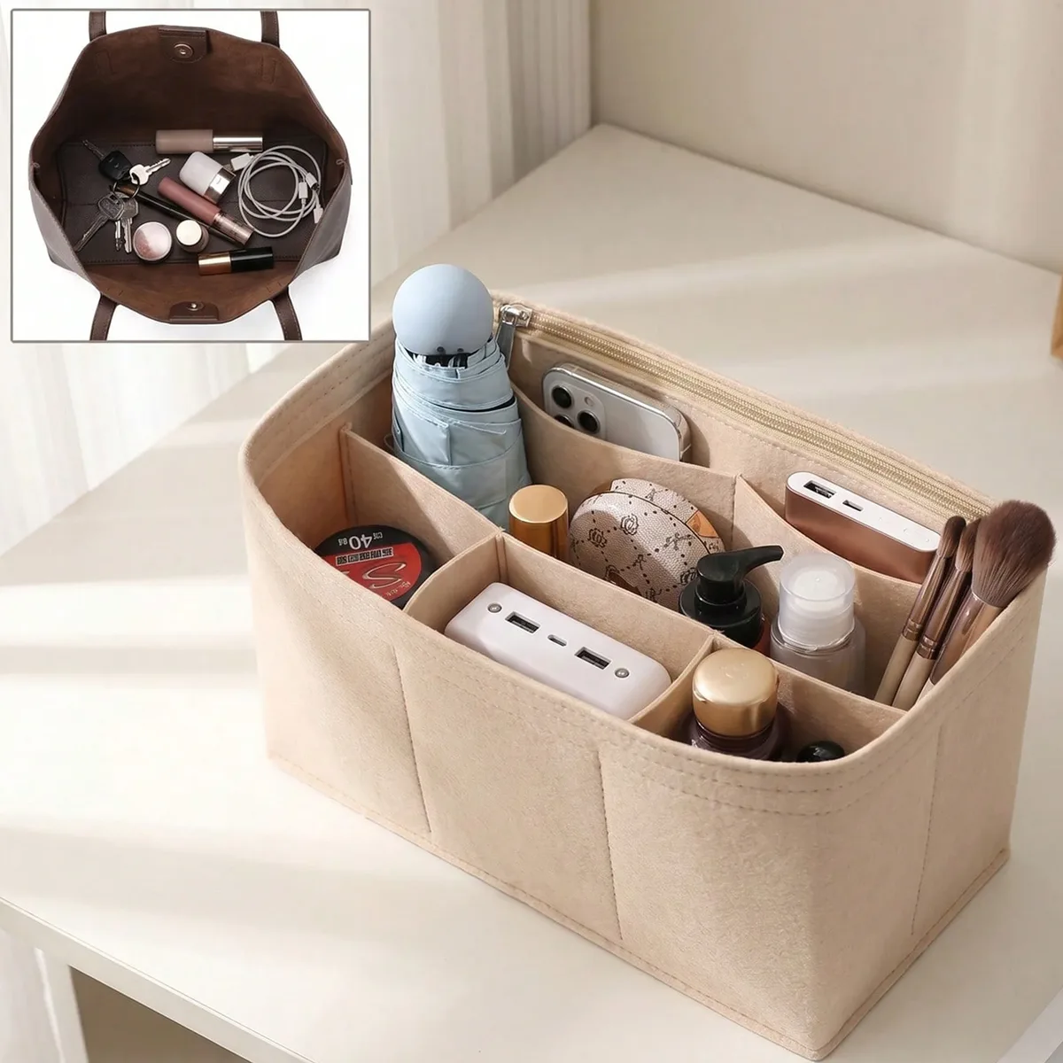 organisateur de sac fourre-tout en feutre avec fermeture éclair, séparateur de sac à main pour l'intérieur du sac, compatible avec les sacs fourre-tout longchamp neverfull speedy
