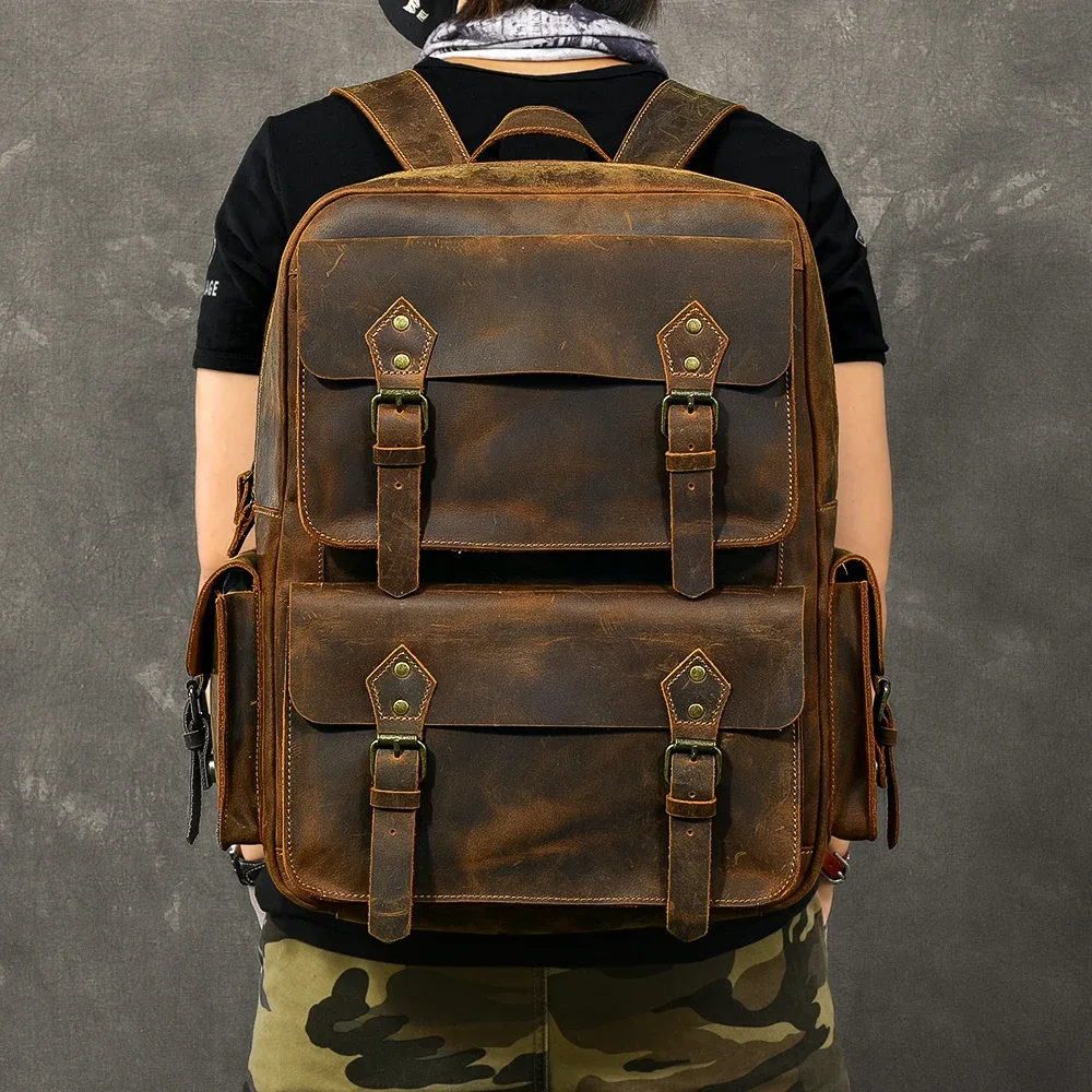 Vintage Crazy Horse sac à dos en cuir véritable hommes sac à dos en peau de vache randonnée sac à dos 17 "sac pour ordinateur portable mâle voyage sac à dos grand M815