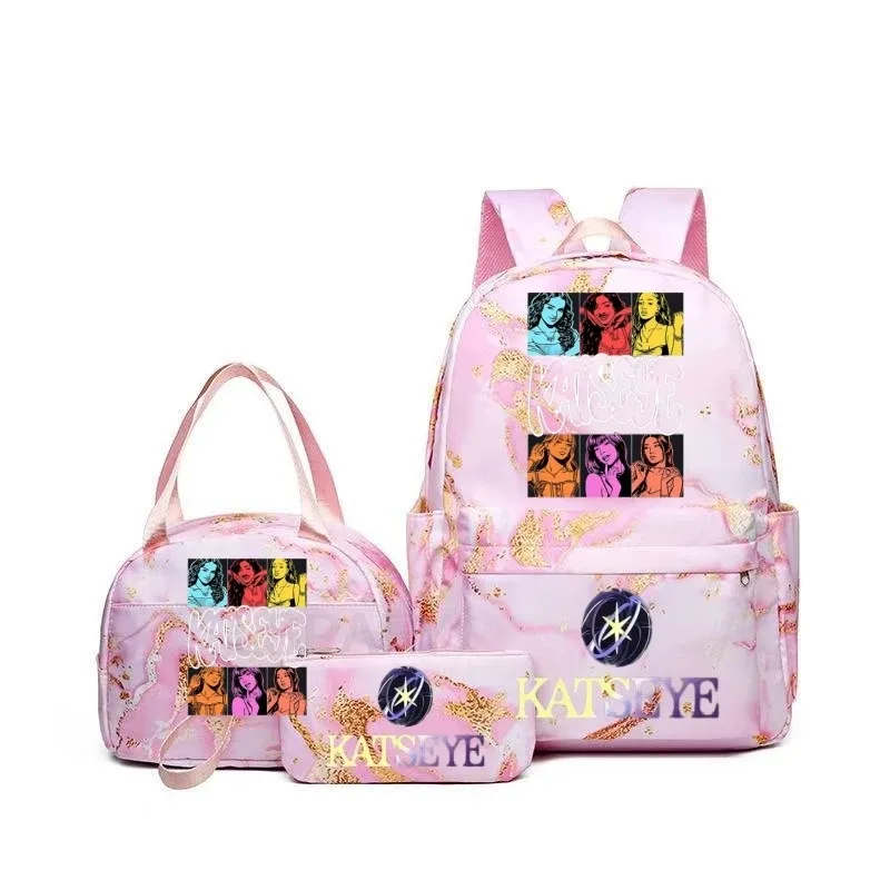 sac à dos grande capacité imprimé katseye amusant, léger, pour l'école, les voyages, décontracté, pour femmes et filles, avec compartiment pour stylos et sac à déjeuner