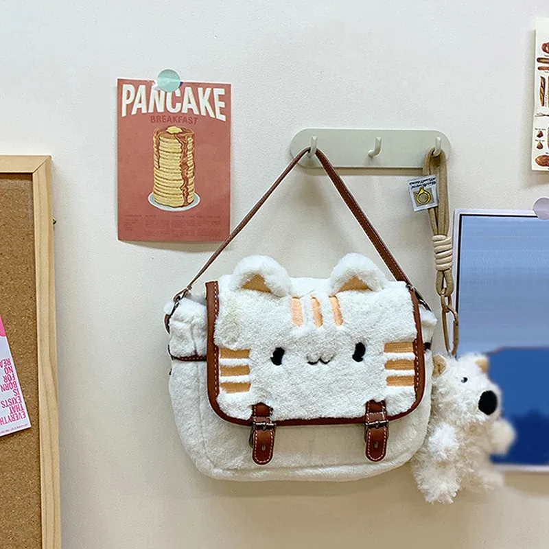 sac messager en peluche pour femme, joli sac à main de dessin animé, visage de chat mignon, sacs à bandoulière initiés