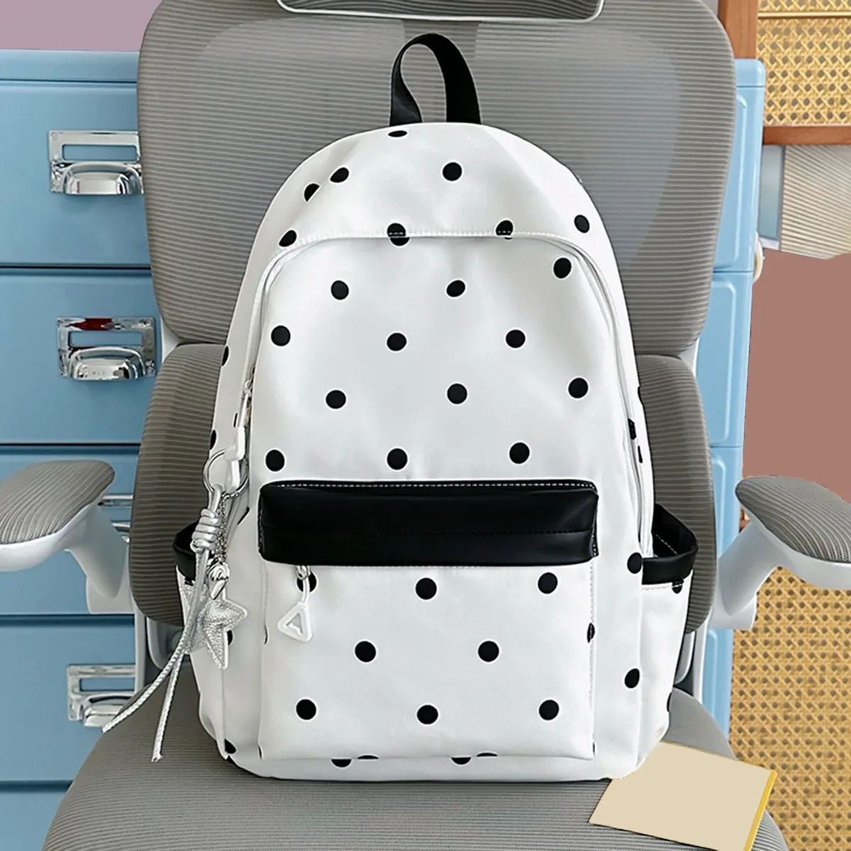 sac à dos esthétique à pois style preppy avec breloque étoile, sac à livres pour campus, sac à dos de voyage décontracté kawaii pour adolescentes et femmes