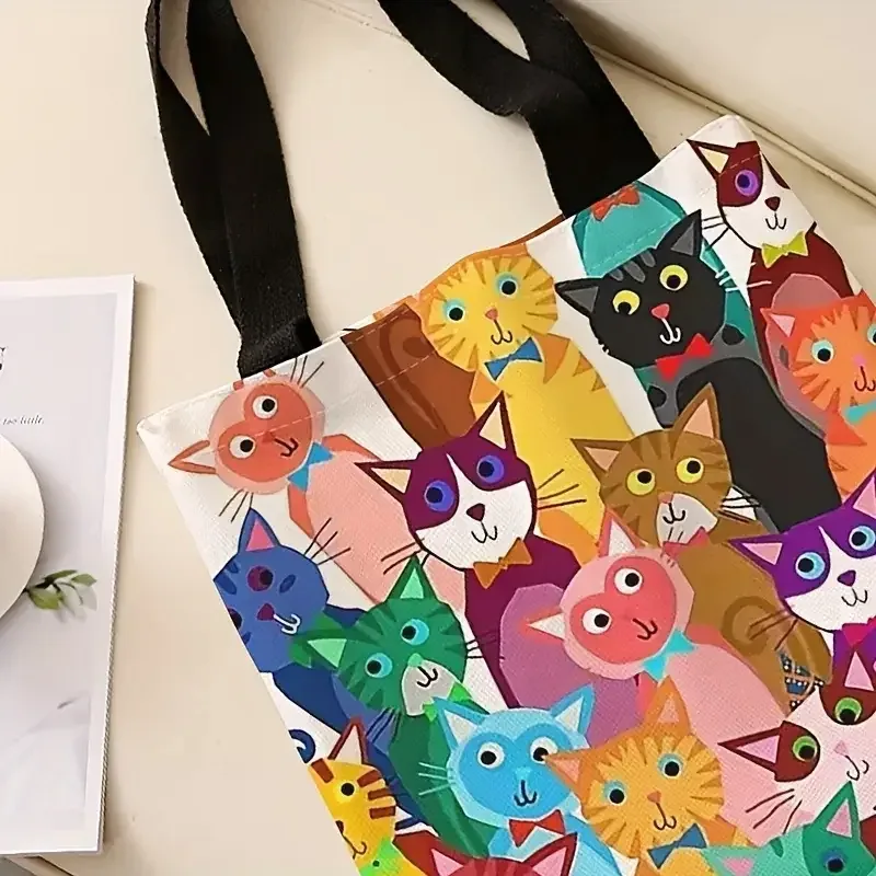 sac à main décontracté imprimé motif chaton coloré, sac à dos réutilisable et tendance, sac de courses multifonctionnel en toile
