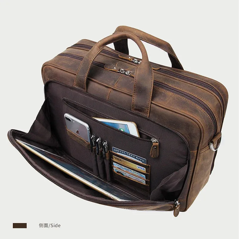 sac d'affaires pour homme en cuir véritable de haute qualité, sac pour ordinateur portable de 17 pouces en cuir crazy horse, porte-documents masculin pour bureau.