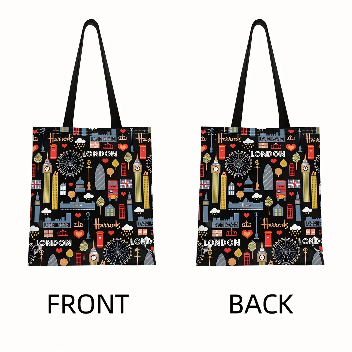 Sac fourre-tout pour femme avec motifs emblématiques de Londres, sac à bandoulière ouvert, imprimés Big Ben, taxi londonien et bus rouge, en polyester durable, pour tous les jours