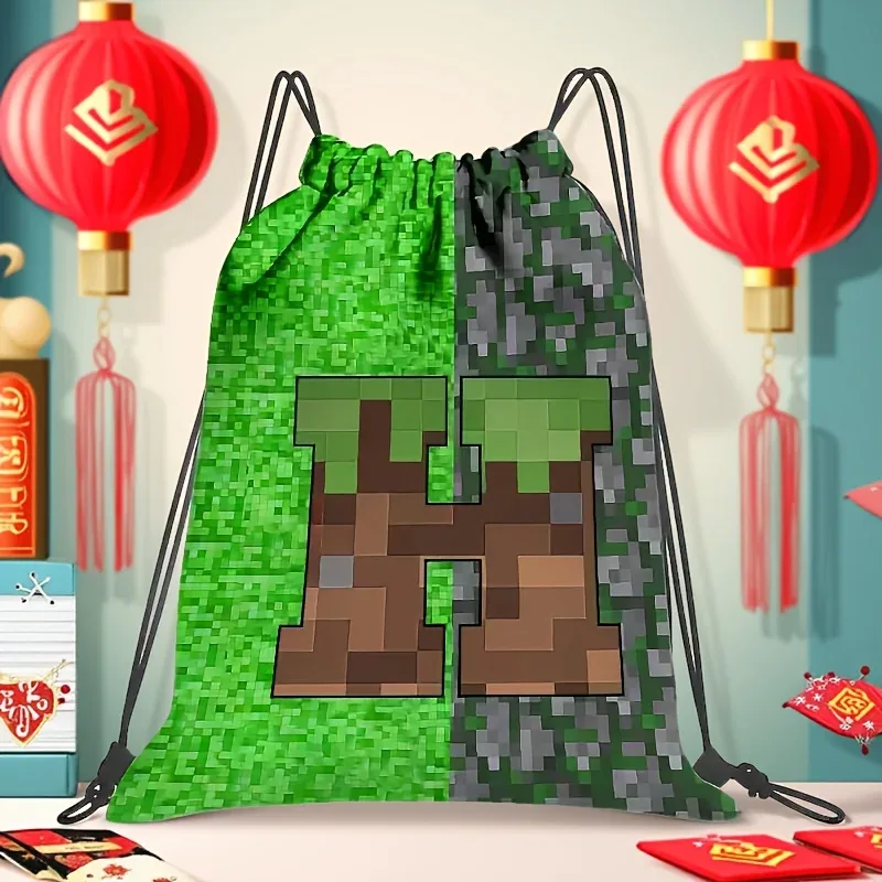 sac à dos à cordon de serrage de grande capacité pour jeux vidéo, avec lettrage pixelisé, unisexe, motif géométrique multicolore, 1 pièce