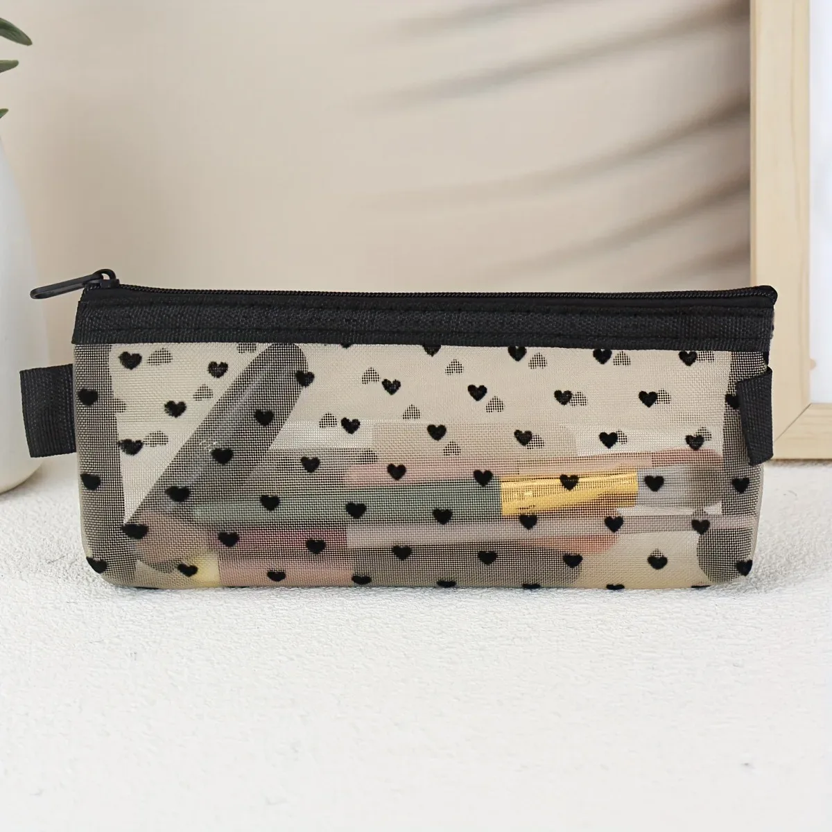 sac à cosmétiques en maille à motif de cœur de grande capacité, sacs de rangement de pinceaux de maquillage de voyage, pochette de rangement de rouge à lèvres, trousse à crayons portable