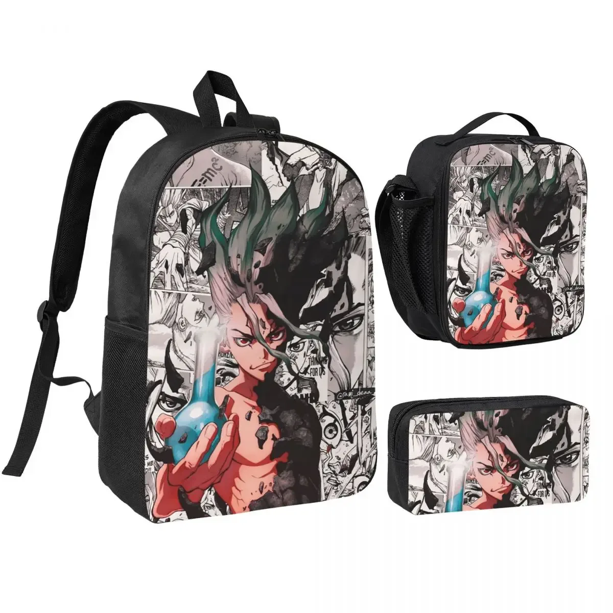 Sac à dos d'école Senku Ishigami Dr Stone Apan Anime, sac à bandoulière pour ordinateur, 3 pièces, sac à déjeuner isotherme, trousse à crayons
