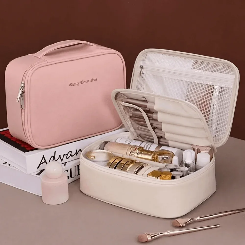 sac à cosmétiques portable à double couche, fermeture éclair, grande capacité, sac à maquillage imperméable, organiseur de cosmétiques