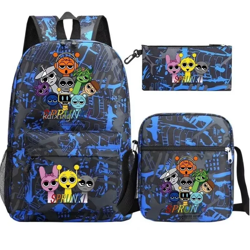 ensemble de 3 sacs à dos sprunki à imprimé anime, avec sac fourre-tout et pochette, grande capacité, léger et respirant, sac à dos décontracté tendance