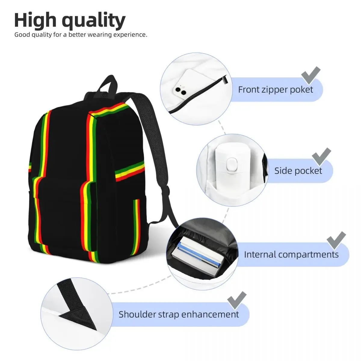sac à dos rasta à rayures colorées pour hommes, femmes, étudiants, sac à dos professionnel, sac à bandoulière pour ordinateur portable avec poche, style reggae jamaïcain, fierté jamaïcaine