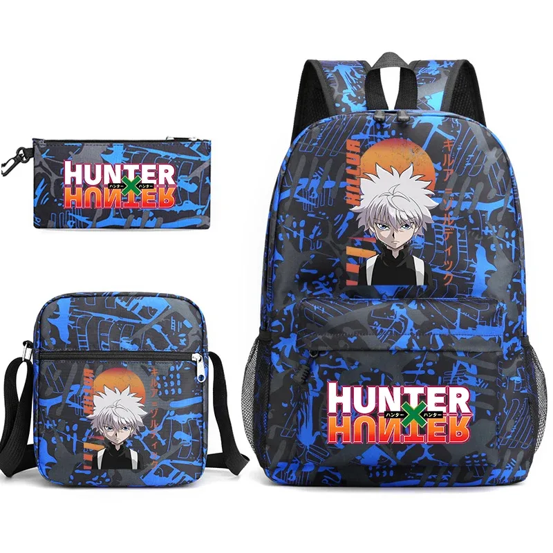 sac à dos d'étudiant imprimé hunter x hunter, sac à bandoulière décontracté, trousse à crayons, ensemble 3 en 1 pour garçons et filles, école