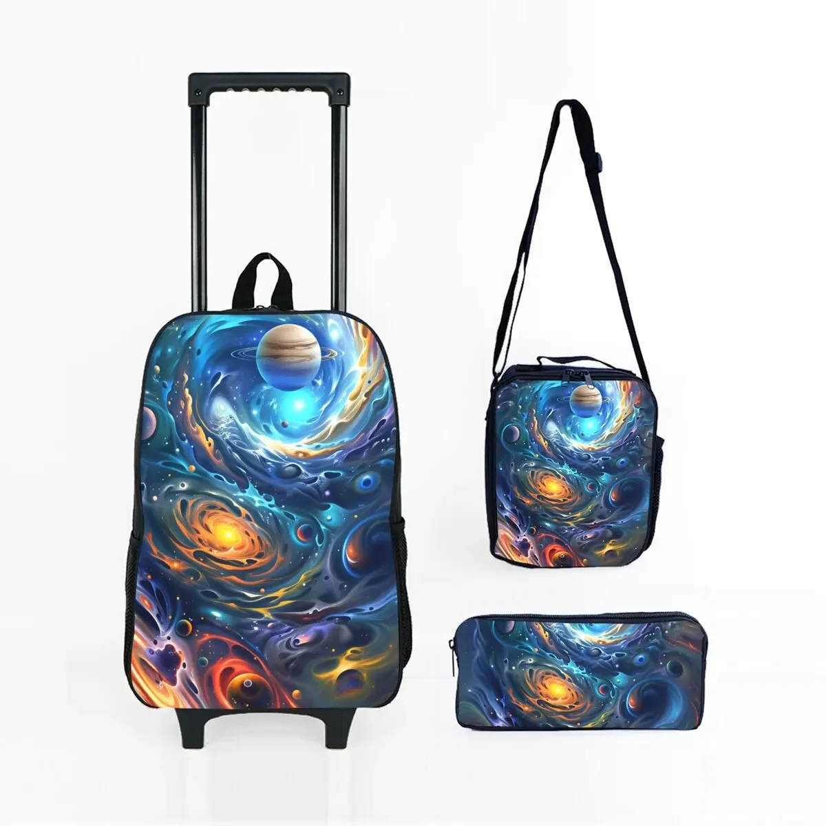 ensemble de sacs à roulettes à imprimé spatial d'astronaute avec boîte à lunch, trousse à crayons, sac à roulettes pour l'école, sac à dos pour fille/garçon