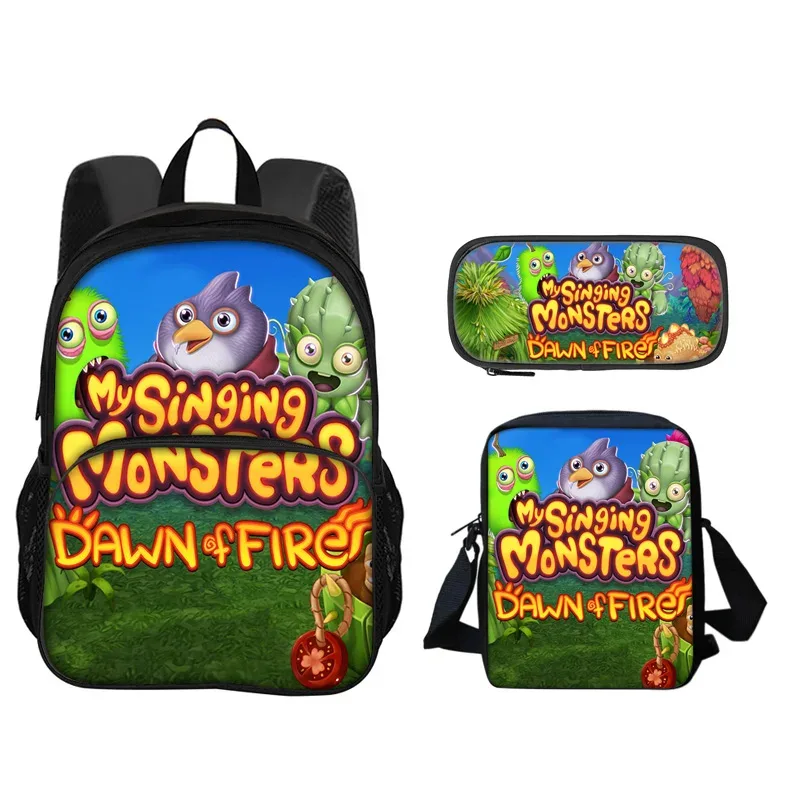 sac à dos my singing monsters, sac à stylos, sac à bandoulière, ensemble de 3 pièces imprimé pour garçons et filles de maternelle et d'école primaire