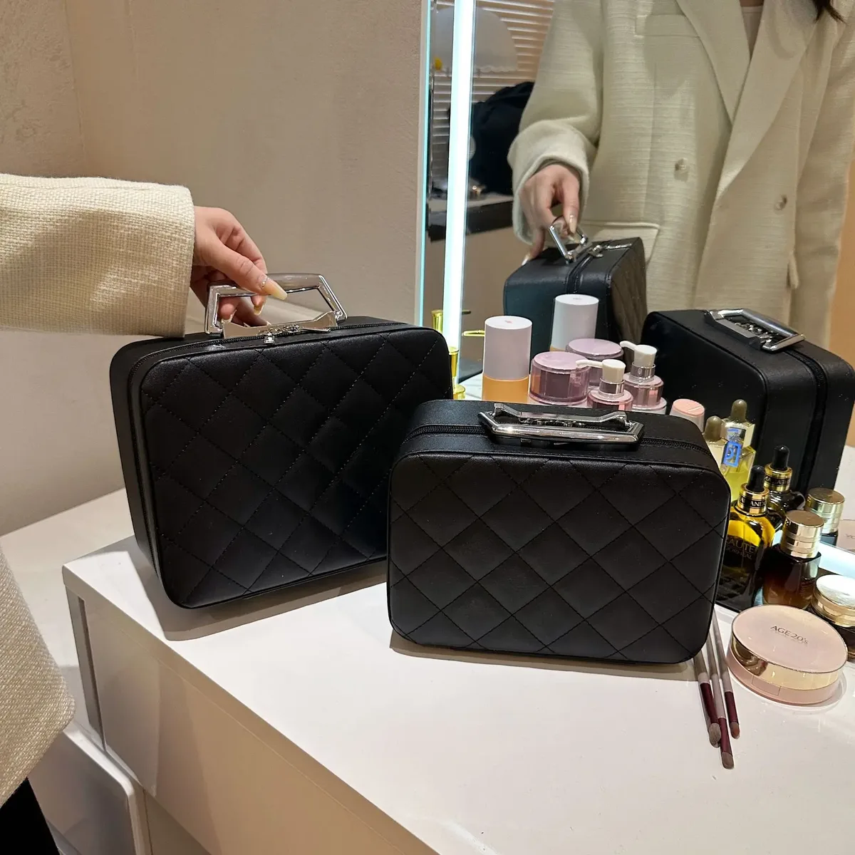 Sac à Cosmétiques Portable en Cuir Argyle pour Femme, Multifonction, Étanche, Rangement de Voyage, Organisateur, Sac à Main, Miroir, Étui de Maquillage