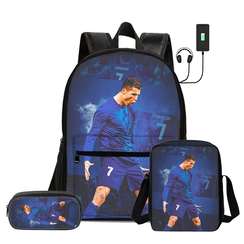 ensemble de 3 sacs à dos avec sac à bandoulière, trousse scolaire pour enfant, sac à dos ronaldo avec interface usb, sac à dos pour enfants
