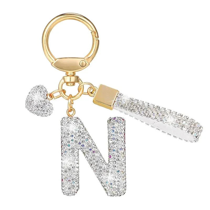 porte-clés avec lettres blanches brillantes, alphabet a-z pour porte-clés de voiture/sac à dos et cadeau avec lanière ajoutée