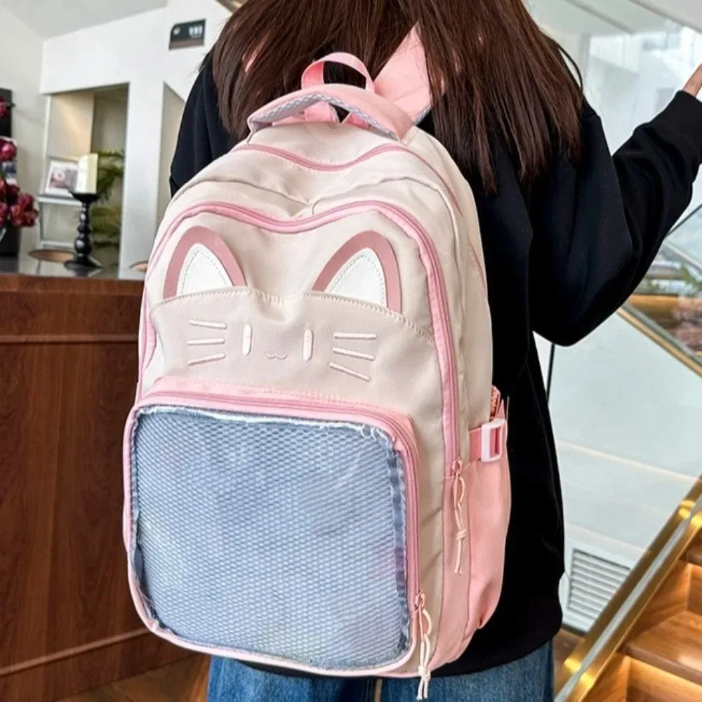 sac ita brodé tendance style preppy grande capacité poche transparente sac à dos étudiant chat mignon pour femme