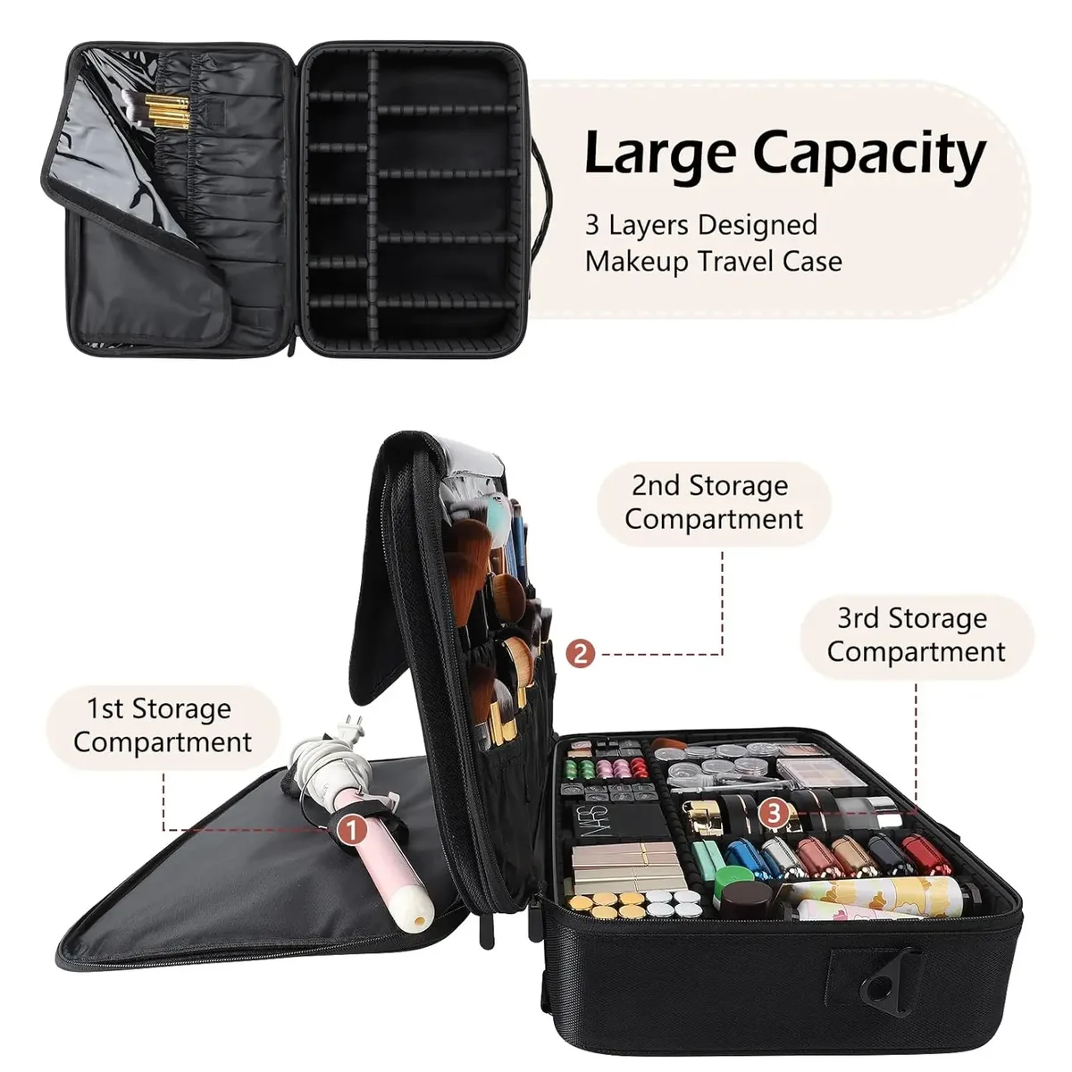 grande trousse de maquillage de voyage, organiseur de cosmétiques professionnel pour femmes, portable avec séparateurs ajustables et bandoulière