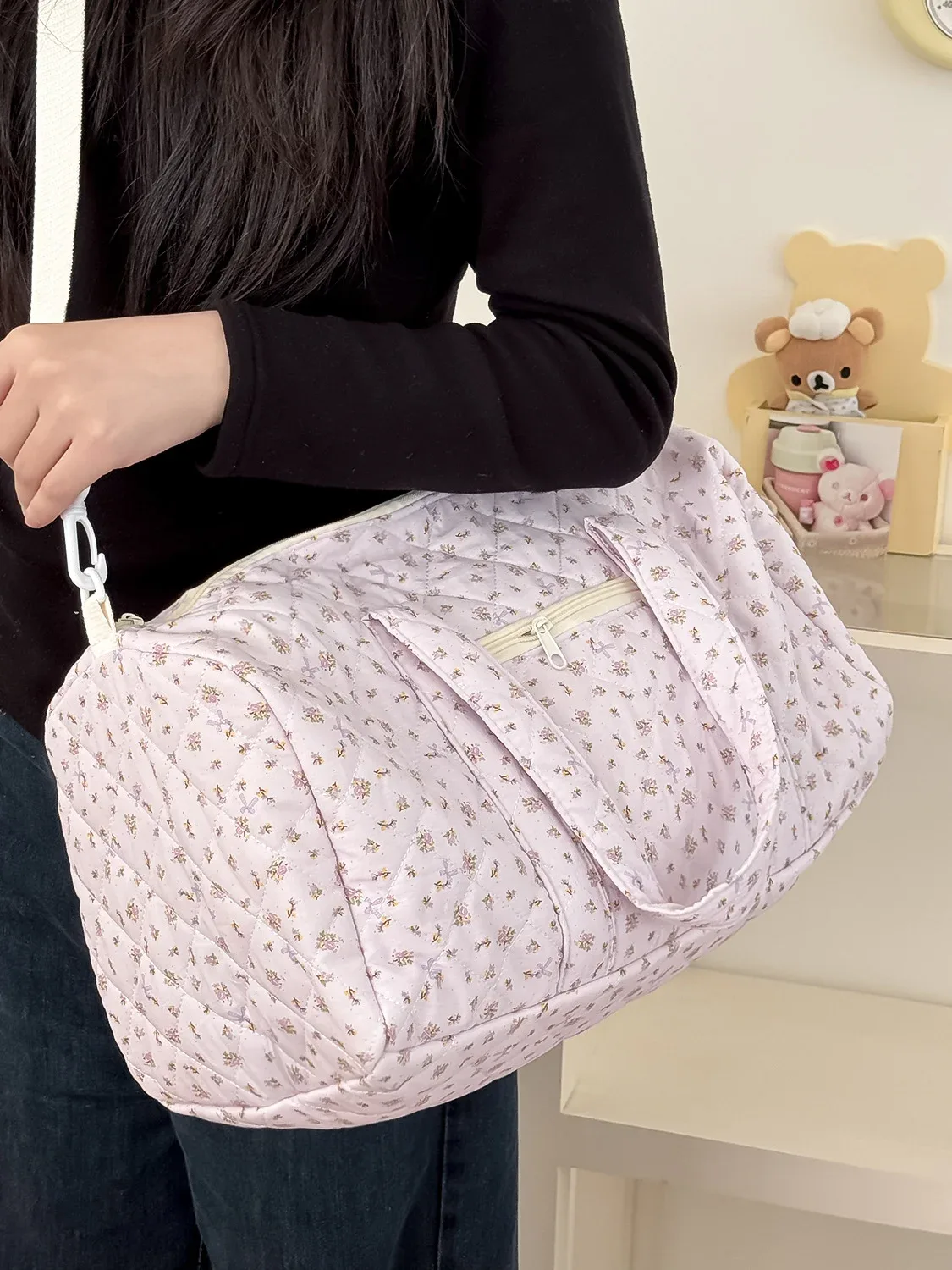 sac de voyage léger de grande capacité, sac boston à bandoulière, petit sac de voyage matelassé à motifs floraux, style tendance