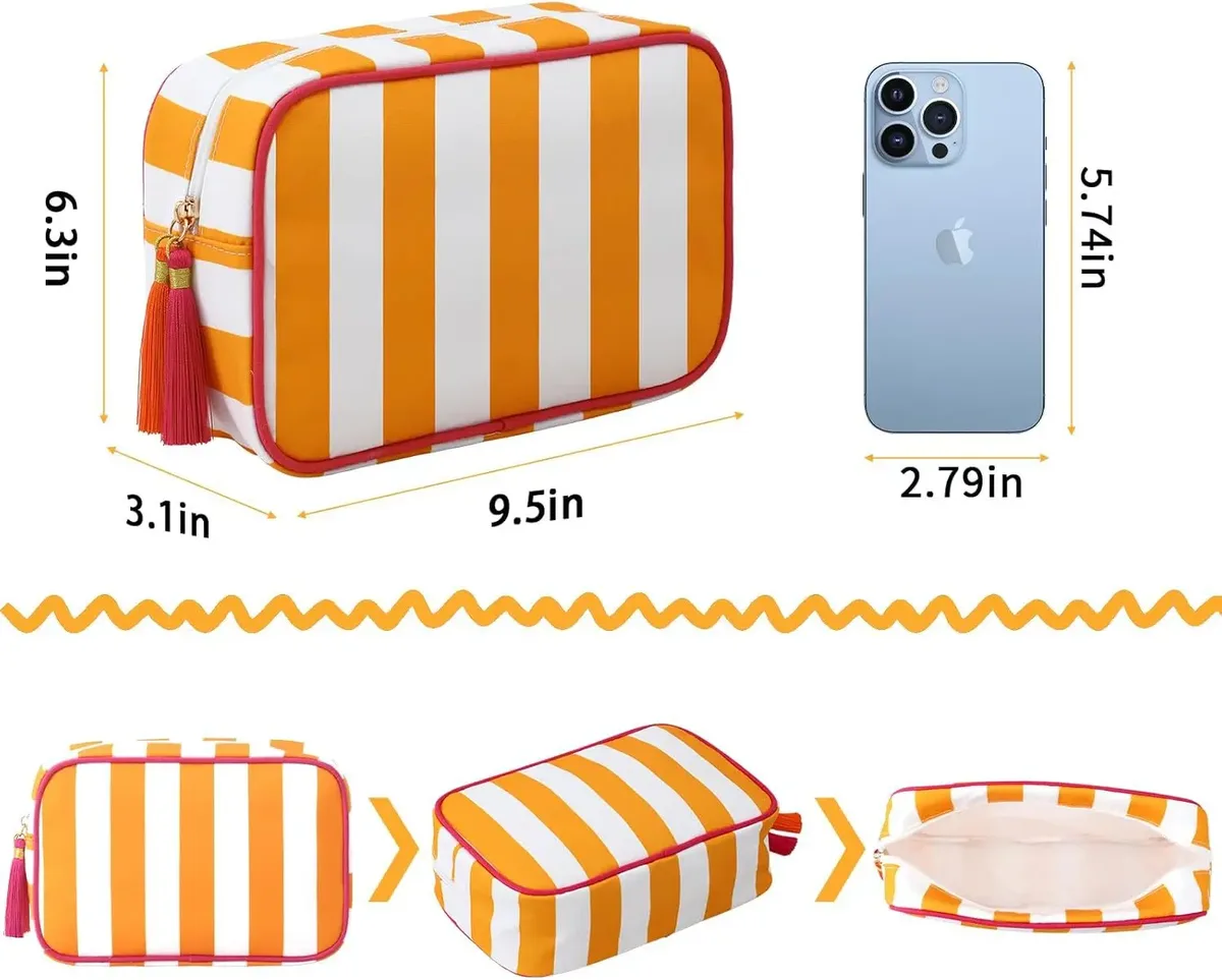 grande trousse de maquillage portable rayée pour femmes, avec fermeture éclair et pompon, grande capacité, sac fourre-tout décontracté avec fermeture éclair