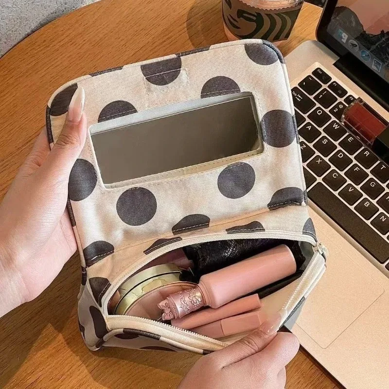 sac de maquillage vintage à imprimé points, design pliable avec miroir, étui de rangement cosmétique multifonctionnel pour voyage, pochette pratique quotidienne pour femmes