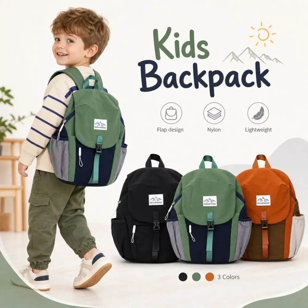 Sac à dos léger et élégant pour enfants, séchage rapide, couleur contrastée, sac à rabat tendance, sac d'école imperméable en nylon pour l'école, les activités de plein air et la randonnée