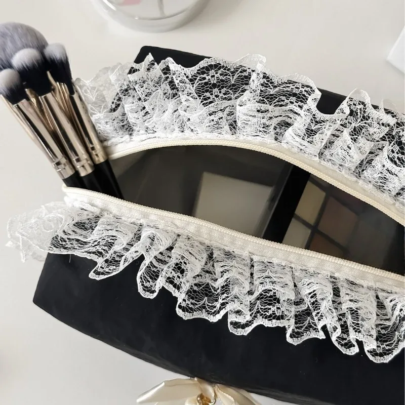 trousse de maquillage coréenne avec nœud en dentelle noire, organisateur de cosmétiques de grande capacité, pochette de toilette de voyage mignonne