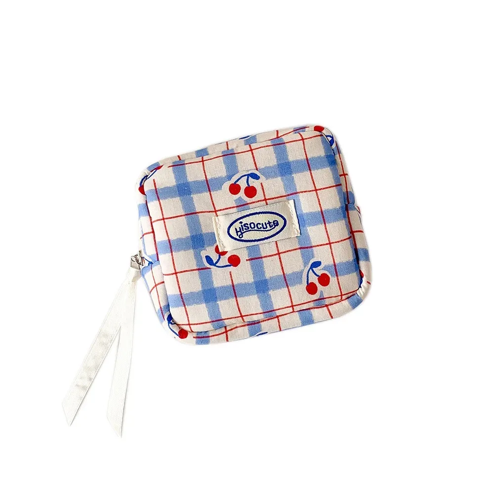 grande trousse de toilette à carreaux de style coréen, sac de rangement portable mini pour serviettes hygiéniques à petites cerises, sac de rangement pour casque bluetooth