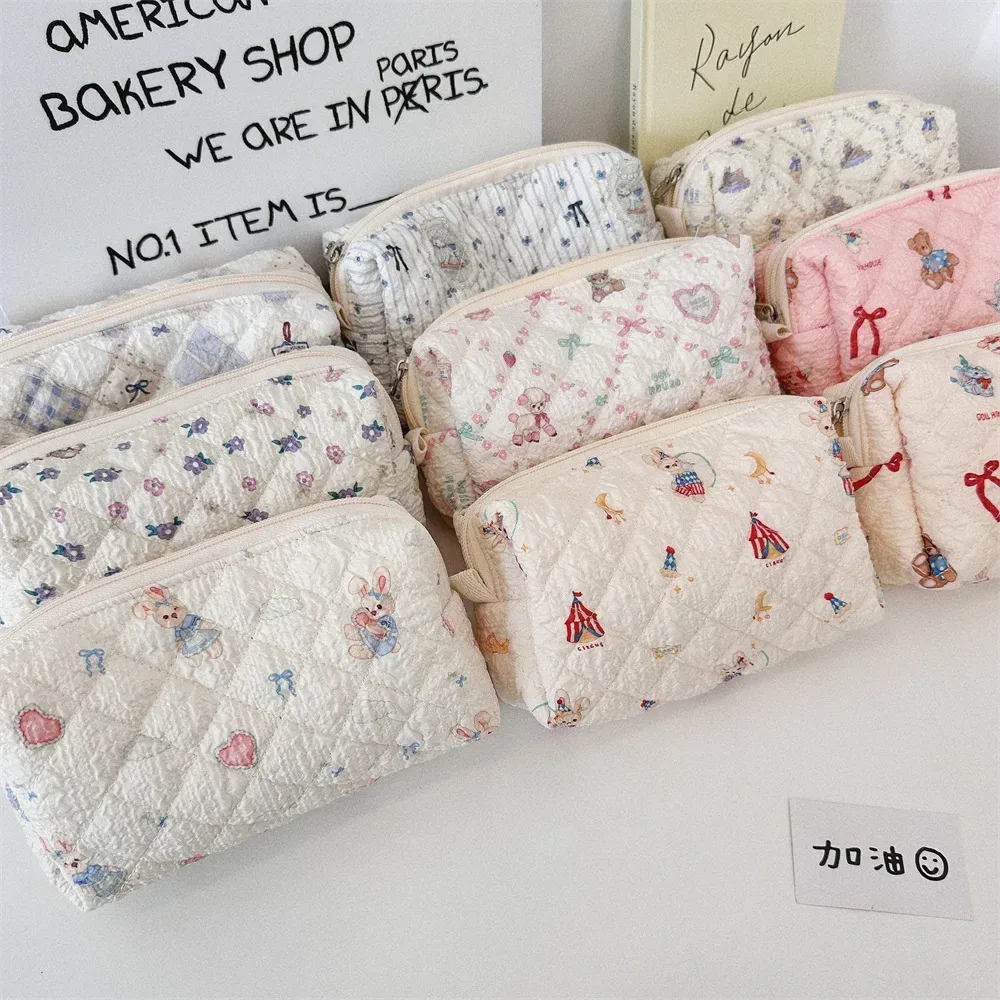 petit sac à cosmétiques pour femme, trousse de maquillage, sacs de rangement portables, pochette en coton pour femme, joli ours de dessin animé, fleur rose