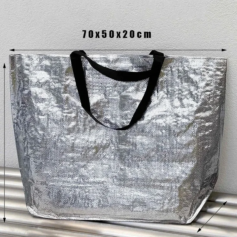 sac de courses réutilisable extra large, imperméable, en tissu tissé, pour épicerie, lessive, plage, rangement, sac à bandoulière pliable pour femme, couleur argent