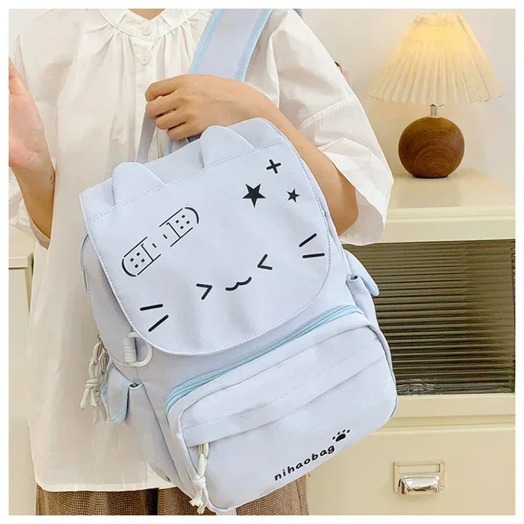 sac à dos chat kawaii avec imprimé emoji de dessin animé, sac à dos grande capacité pour adolescentes, petit sac détachable pour l'école ou les voyages