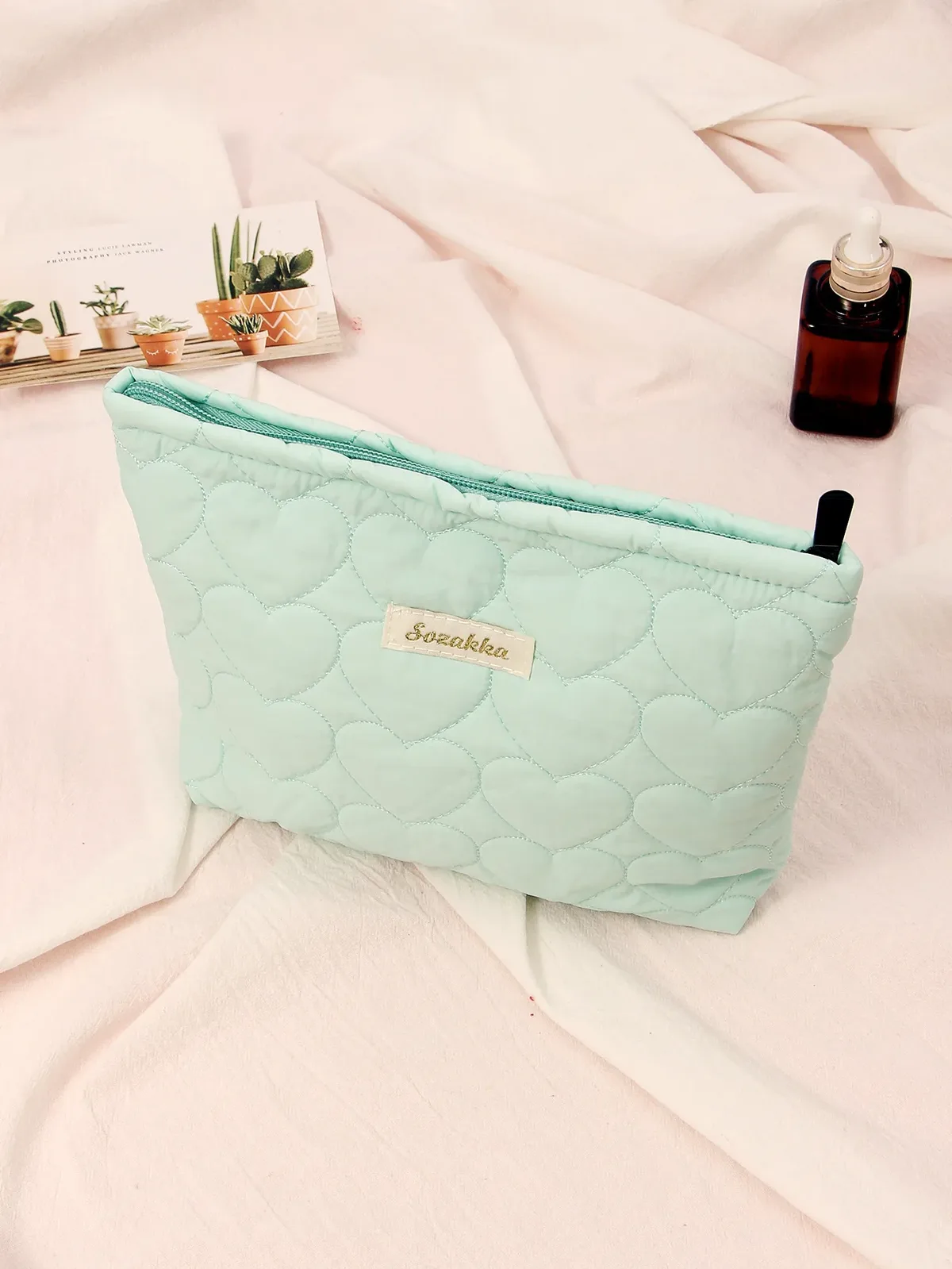sac de maquillage matelassé en forme de cœur pour femmes, macaron, grande capacité, mignon, pochette de rangement de cosmétiques, sac à main de voyage