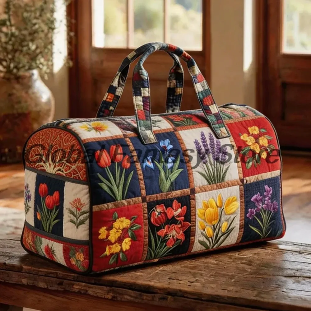 Sac de voyage matelassé à motifs floraux vintage pour homme, grande capacité, sac à main de voyage, sac de week-end pour femme, idéal pour les activités de plein air